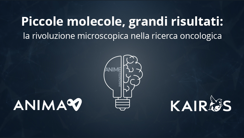 Un'immagine con il testo “Piccole molecole, grandi risultati”, che mette in risalto le innovazioni microscopiche in oncologia, con i loghi di ANIMA e KAIROS.