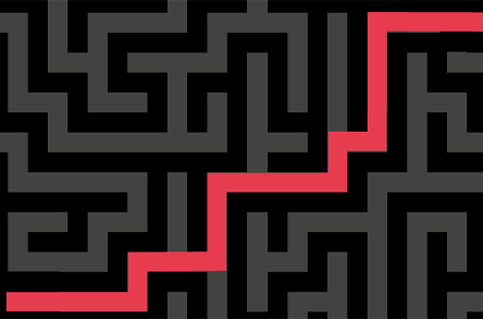Un intricato labirinto nero con linee rosse che tracciano un percorso attraverso il disegno complesso, evidenziando il percorso seguito.