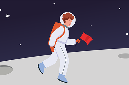 Un astronauta dei cartoni animati cammina sulla luna, tenendo in mano una bandiera rossa, con le stelle che brillano sullo sfondo dello spazio buio.