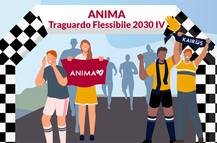 Un gruppo eterogeneo di sostenitori tiene in mano striscioni con le scritte “ANIMA” e ‘KAIRÓS’ durante un evento sportivo sotto un arco con la scritta “Traguardo Flessibile 2030 IV”