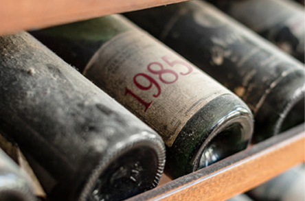 Primo piano di bottiglie di vino impolverate in una rastrelliera di legno, con in primo piano un'etichetta con la scritta “1985”.