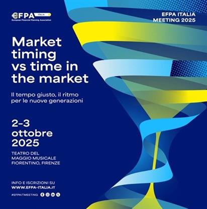 Manifesto dell'evento EFPA Italia Meeting 2025, dedicato al tema del market timing e del time in the market.
