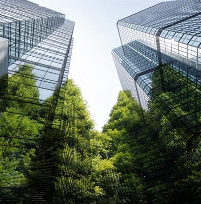 Alti edifici in vetro incorniciano una foresta verde e rigogliosa, mostrando una mix armonioso di natura e architettura moderna